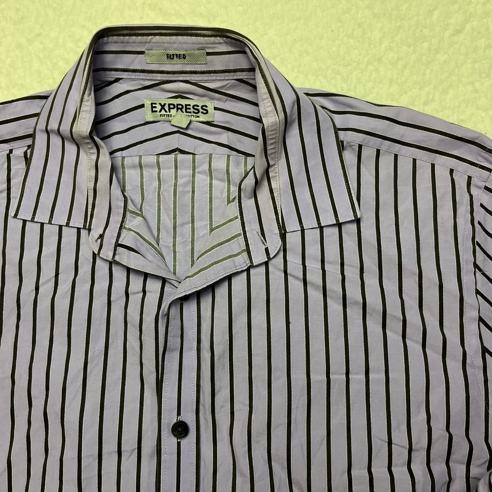 Express Button Down Mens L Purple Striped Fitted 100% Cotton Long Sleeve Shirt